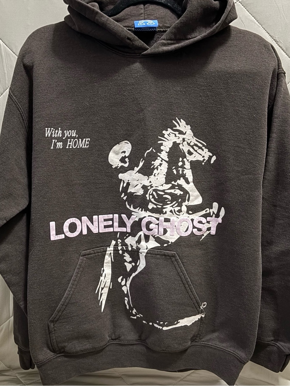 LONELY GHOST Brown Hoodie with White Horse Graphic and Light Pink Logo